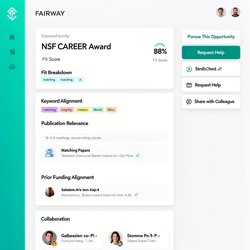 Match detail view showing fit breakdown and collaboration suggestions