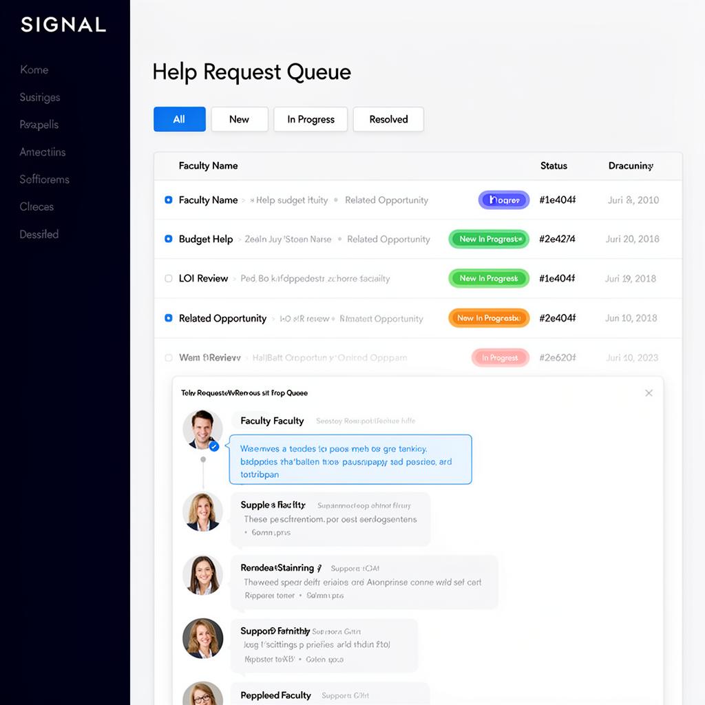 Help request queue with threaded responses and status tracking
